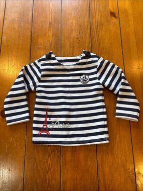 Tim Pouce Striped Navy & White Paris Graphic Kids Top Size 18M EUC